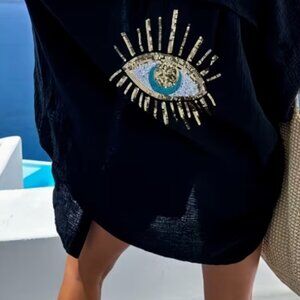 NWOT Sequin Eye Black Semi-Shear Shirt/Cover Up 100% Cotton